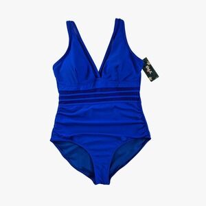 BMJL Womens One Piece Swimsuit Blue Mesh V-Neck Ruched Tummy Control Large